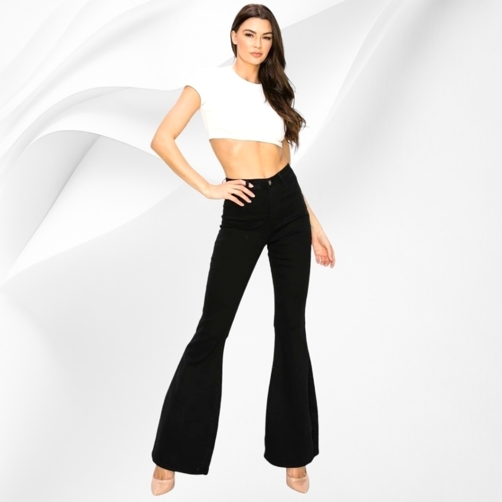 Flare Bell Bottom Flare Jeans with Faux Pockets - Black